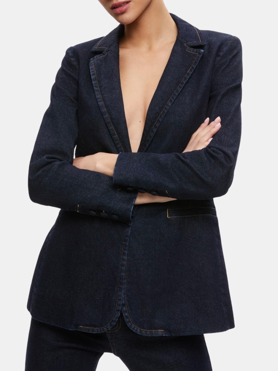 Clothing ALICE + OLIVIA Denim Jackets | Macey Notch Collar Fitted Blazer Dark Rinse