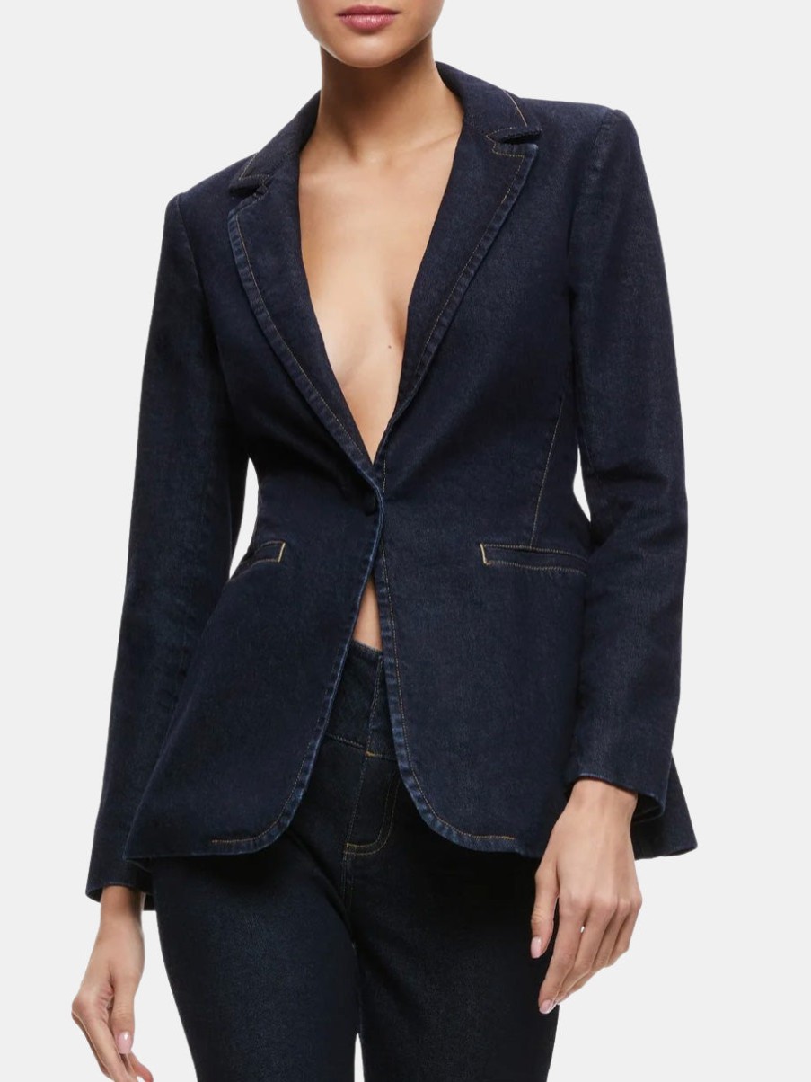 Clothing ALICE + OLIVIA Denim Jackets | Macey Notch Collar Fitted Blazer Dark Rinse