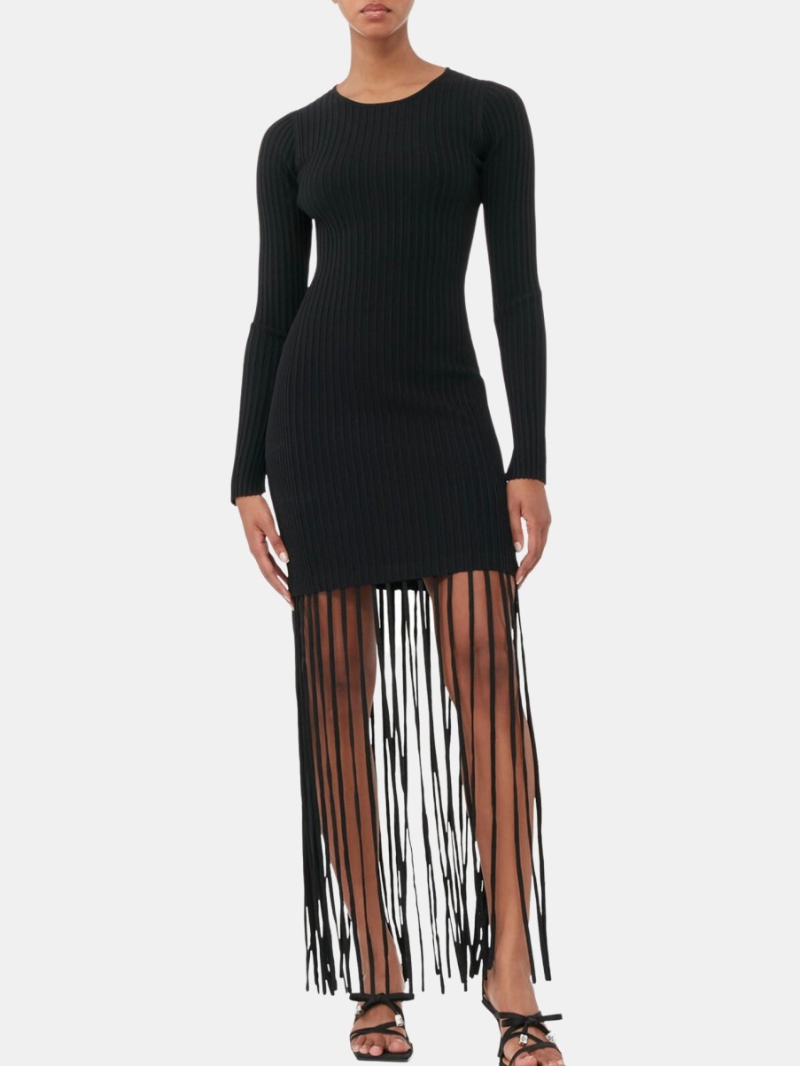 Clothing GANNI Mini | Melange Knit Fringe Mini Dress Black