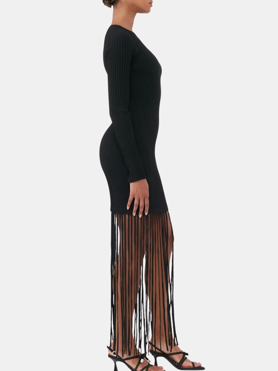 Clothing GANNI Mini | Melange Knit Fringe Mini Dress Black