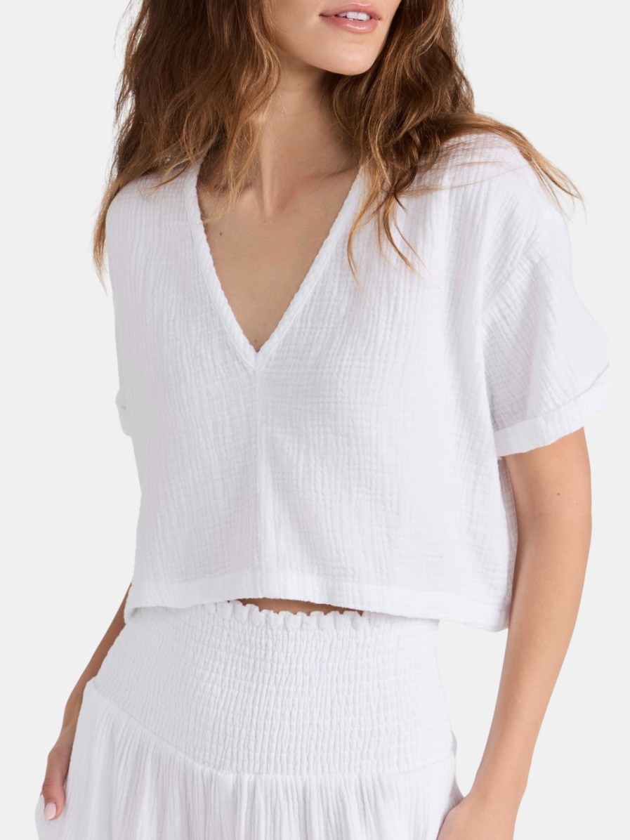 Clothing Monrow | Gauze V Neck Mini Top White