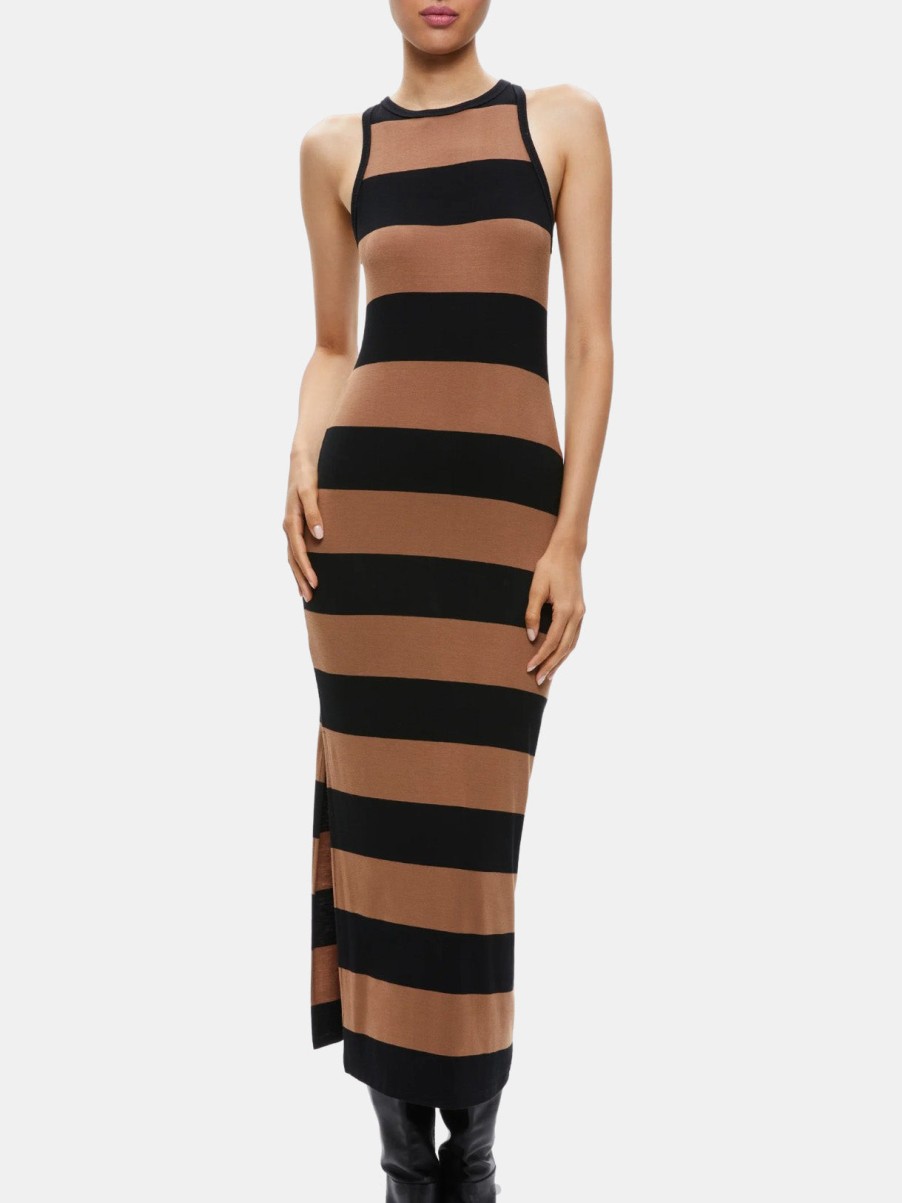 Clothing ALICE + OLIVIA Midi | Pania Rib Side Slit Midi Dress Camel / Black Stripe