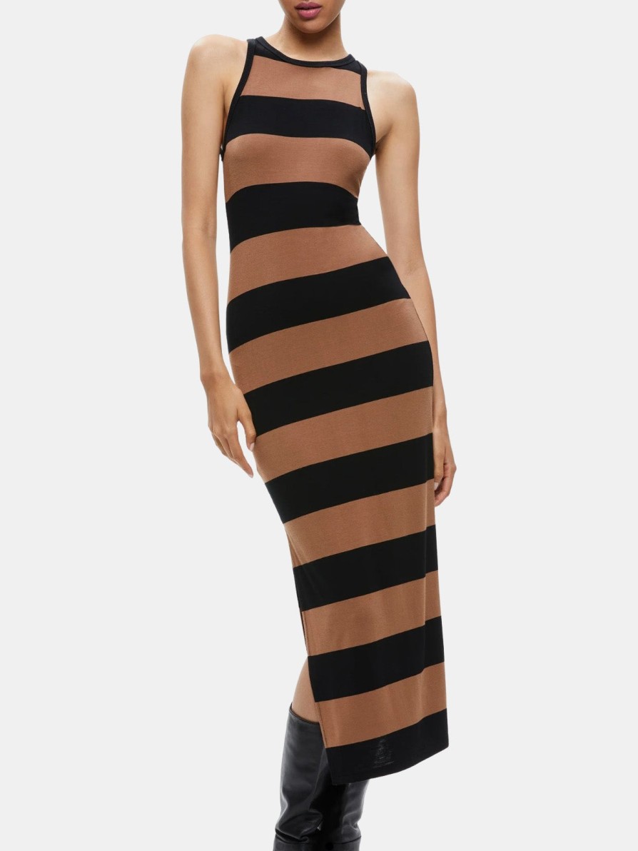 Clothing ALICE + OLIVIA Midi | Pania Rib Side Slit Midi Dress Camel / Black Stripe