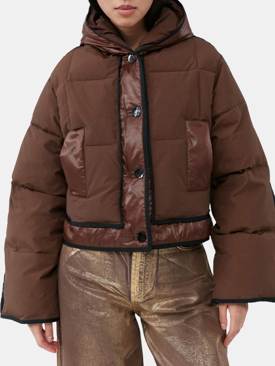 Clothing GANNI Shorts | Mix Puffer Hooded Short Jacket Shaved Chocolate