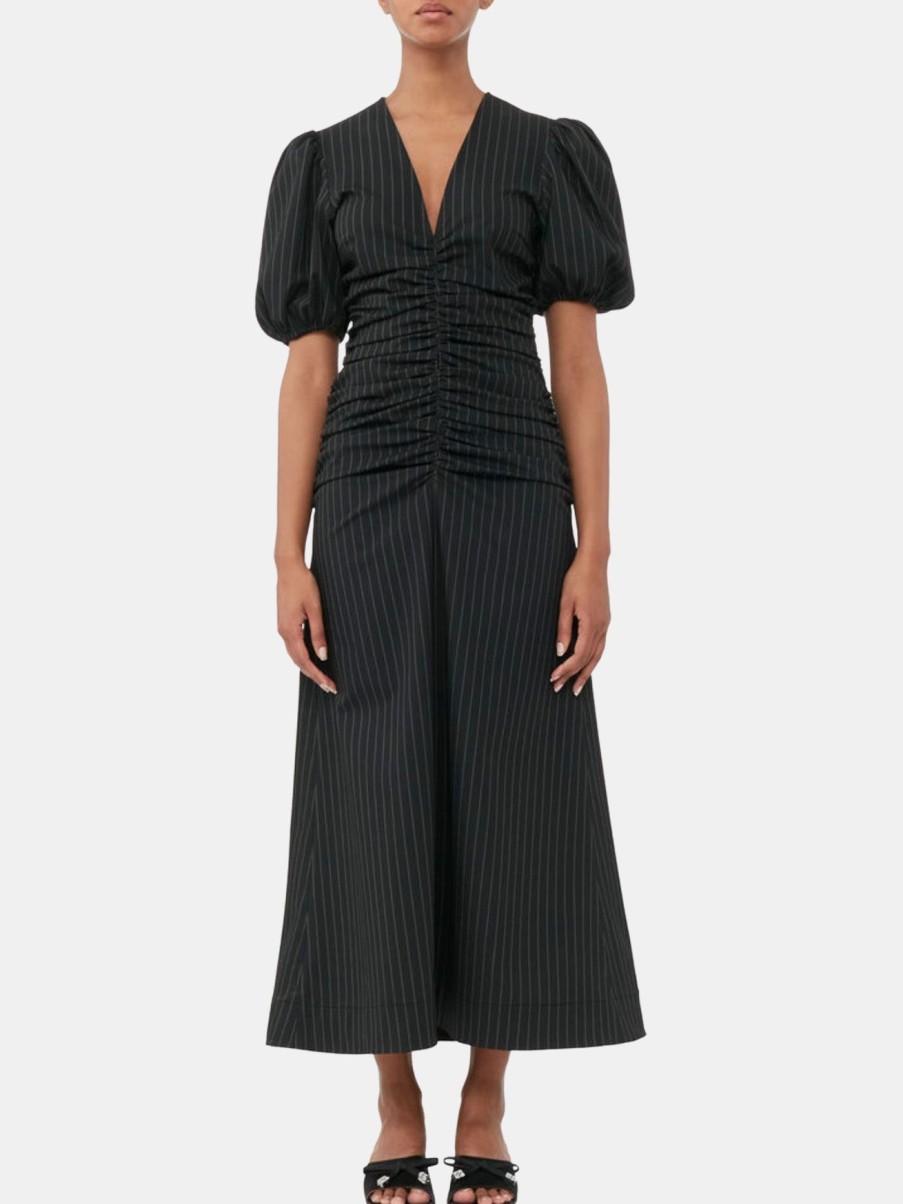 Clothing GANNI Midi | Stretch Stripe Gathered Long Dress Black