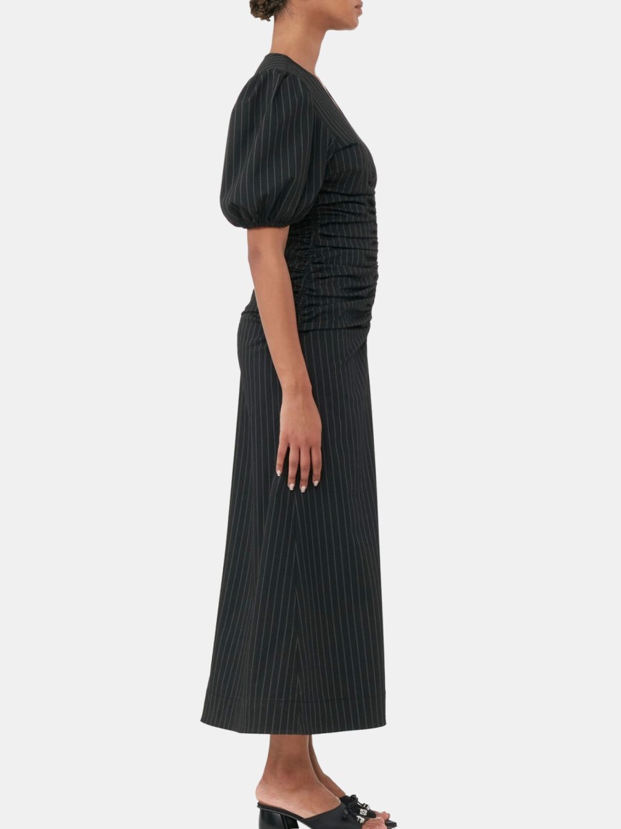 Clothing GANNI Midi | Stretch Stripe Gathered Long Dress Black